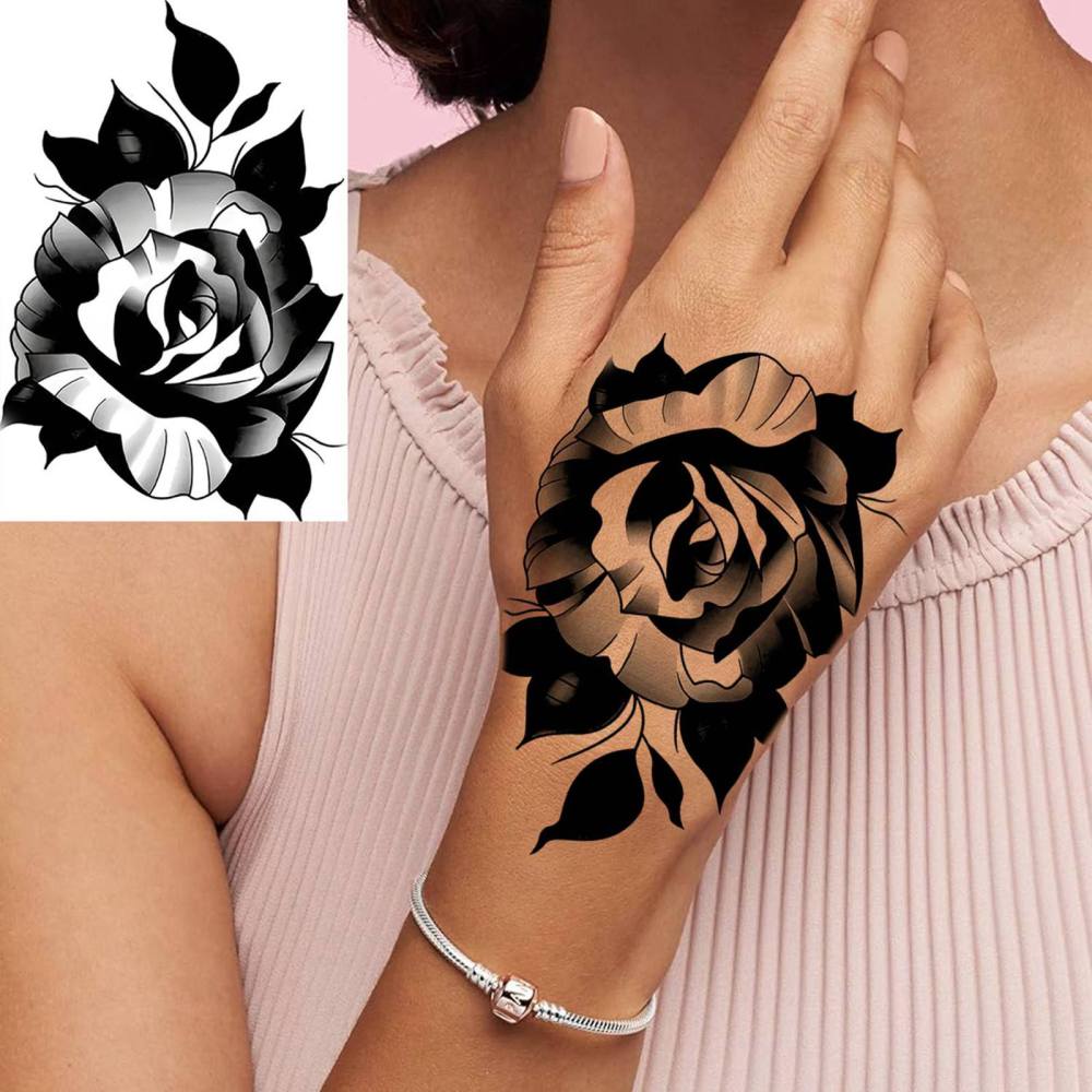 1 Sheet Rose Flower Temporary Tattoos For Women Men Adults Hands Finger Foot Neck Clavicle Legs Thigh Forearm Shank Arm Body Art Makeup, Semi Permanent Temp Fake Tattoo Stickers Waterproof Long Lasting Realistic Tatoos For Festival Party Accessory