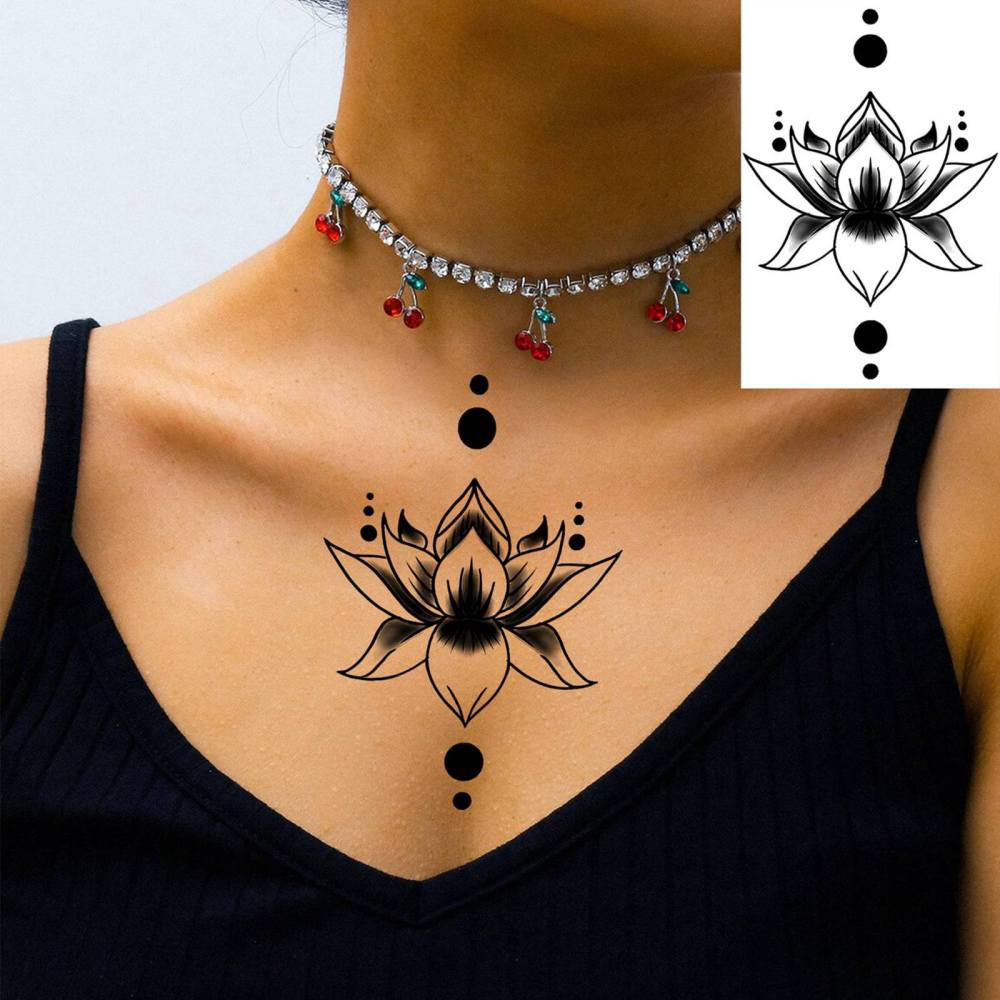 1 Sheet Lotus Temporary Tattoos For Women Men Adults Hands Finger Foot Neck Clavicle Legs Thigh Forearm Shank Arm Body Art Makeup, Semi Permanent Temp Fake Tattoo Stickers Waterproof Long Lasting Realistic Tatoos For Festival Party Accessory
