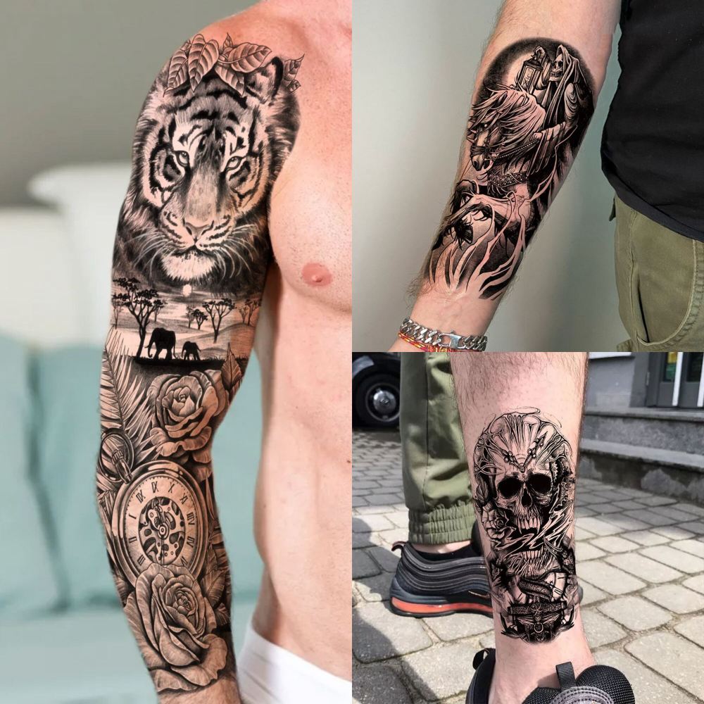 20 Sheets Full Arm Sleeve Wolf Temporary Tattoos For Women Men Adults Hands Finger Foot Neck Clavicle Legs Thigh Arm Body Art Makeup, Semi Permanent Temp Fake Tattoo Stickers Waterproof Long Lasting Realistic Tatoos For Festival Party Accessory