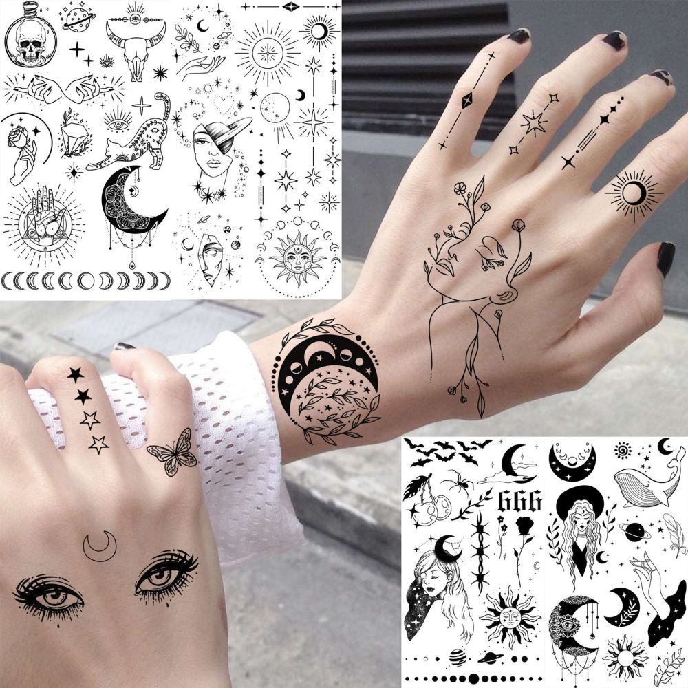 28 Sheets Y2k Abstract Minimalism Temporary Tattoos For Women Men Adults Hands Finger Foot Neck Clavicle Shank Arm Body Art Makeup, Semi Permanent Temp Fake Tattoo Stickers Waterproof Long Lasting Realistic Tatoos For Festival Party Accessory