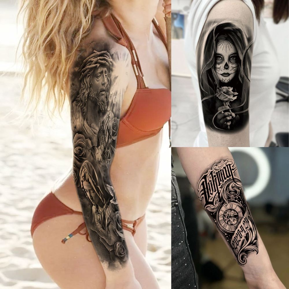 20 Sheets Full Arm Sleeve Nun Temporary Tattoos For Women Men Adults Hands Finger Foot Neck Clavicle Legs Thigh Arm Body Art Makeup, Semi Permanent Temp Fake Tattoo Stickers Waterproof Long Lasting Realistic Tatoos For Festival Party Accessory