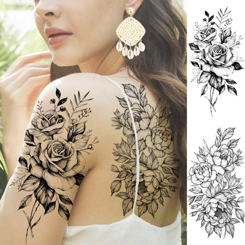 10 Sheets Rose Flower Temporary Tattoos For Women Men Adults Hands Finger Foot Neck Clavicle Shank Arm Body Art Makeup, Semi Permanent Temp Fake Tattoo Stickers Waterproof Long Lasting Realistic Tatoos For Festival Party Accessory