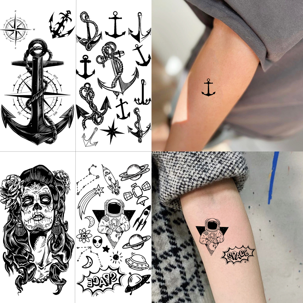 15 Sheets Skull Anchor Temporary Tattoos For Women Men Adults Hands Finger Foot Neck Clavicle Shank Arm Body Art Makeup, Semi Permanent Temp Fake Tattoo Stickers Waterproof Long Lasting Realistic Tatoos For Festival Party Accessory