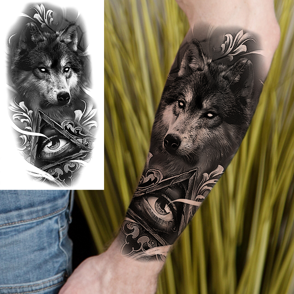 8 Sheets Wolf Temporary Tattoos For Women Men Adults Hands Finger Foot Neck Clavicle Shank Arm Body Art Makeup, Semi Permanent Temp Fake Tattoo Stickers Waterproof Long Lasting Realistic Tatoos For Festival Party Accessory