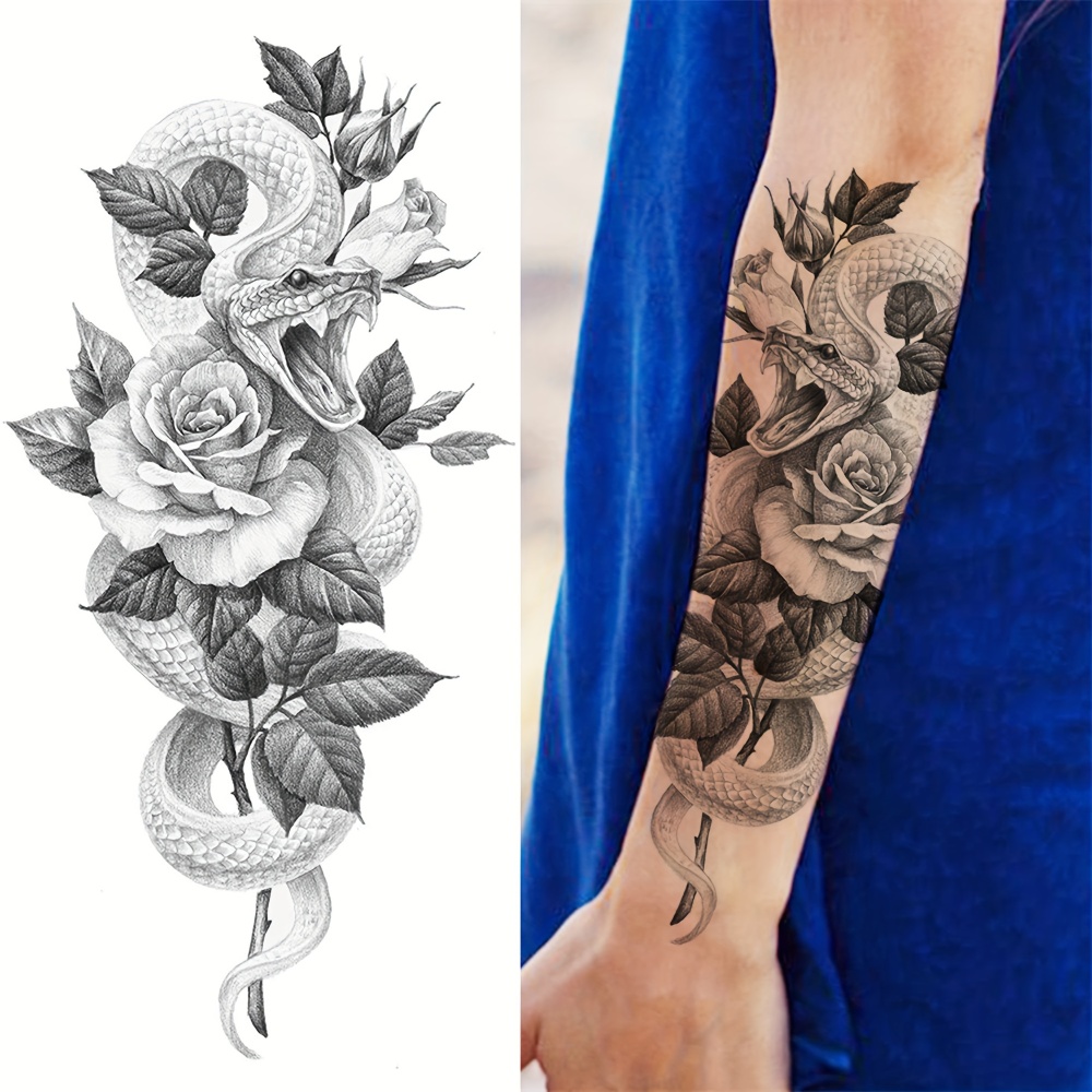 8 Sheets Snake Rose Flowers Temporary Tattoos For Women Men Adults Hands Finger Foot Neck Clavicle Shank Arm Body Art Makeup, Semi Permanent Temp Fake Tattoo Stickers Waterproof Long Lasting Realistic Tatoos For Festival Party Accessory