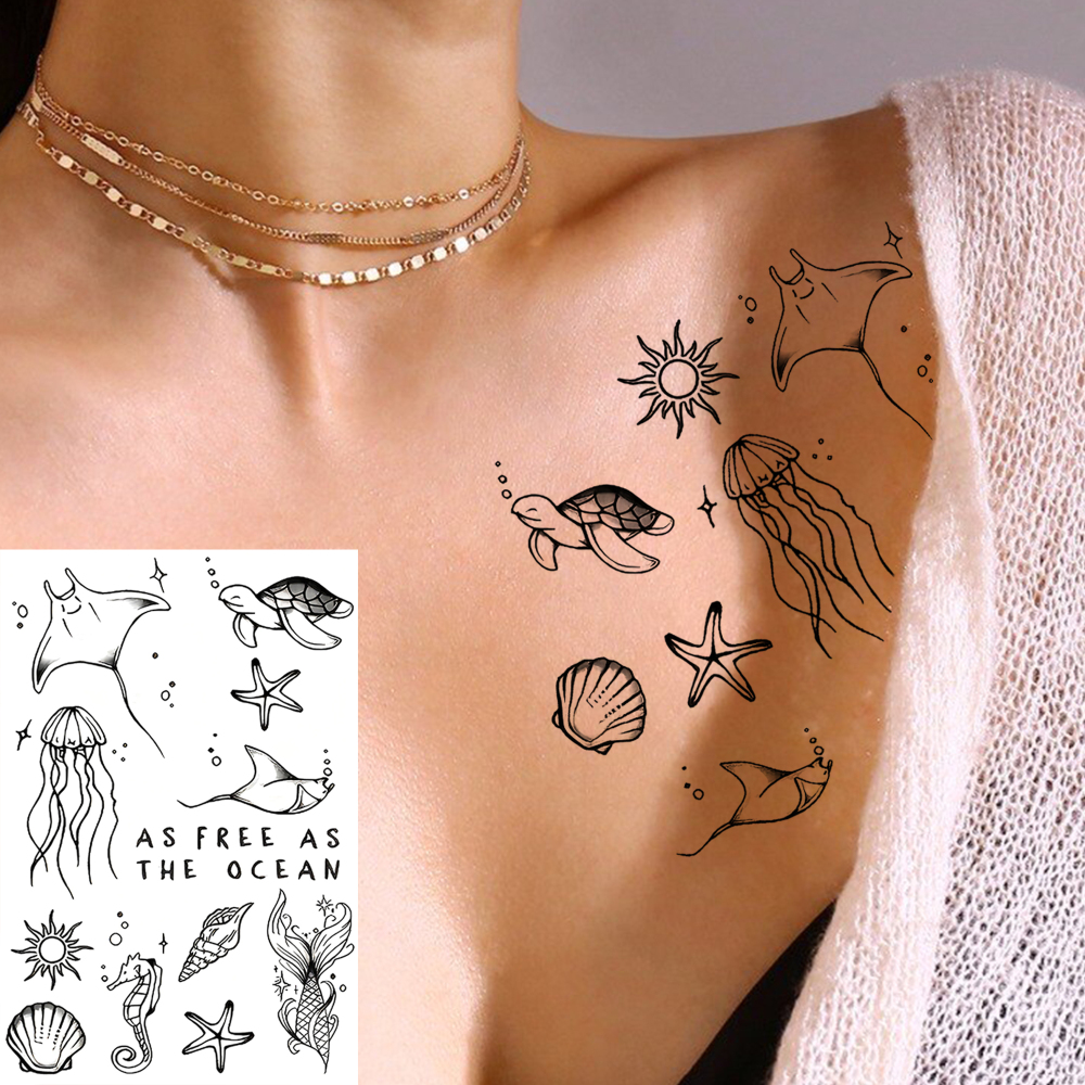 1 Sheet Sea Ocean Animals Temporary Tattoos For Women Men Adults Hands Finger Foot Neck Clavicle Waist Legs Thigh Ankles Forearm Shank Arm Body Art Makeup, Semi-Permanent Temp Fake Tattoo Stickers Waterproof Long Lasting Realistic Tatoos For Festival
