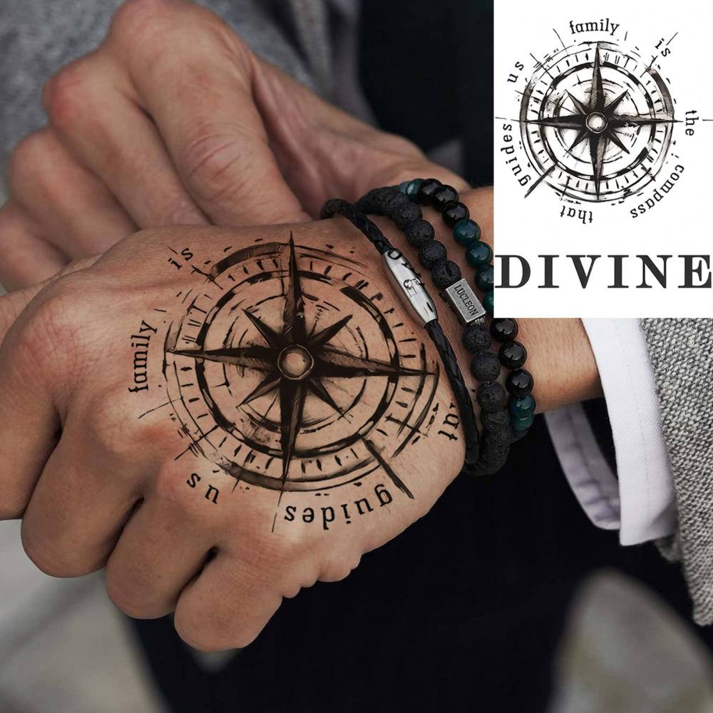 1 Sheet Compass Temporary Tattoos For Women Men Adults Hands Finger Foot Neck Clavicle Legs Thigh Forearm Shank Arm Body Art Makeup, Semi Permanent Temp Fake Tattoo Stickers Waterproof Long Lasting Realistic Tatoos For Festival Party Accessory