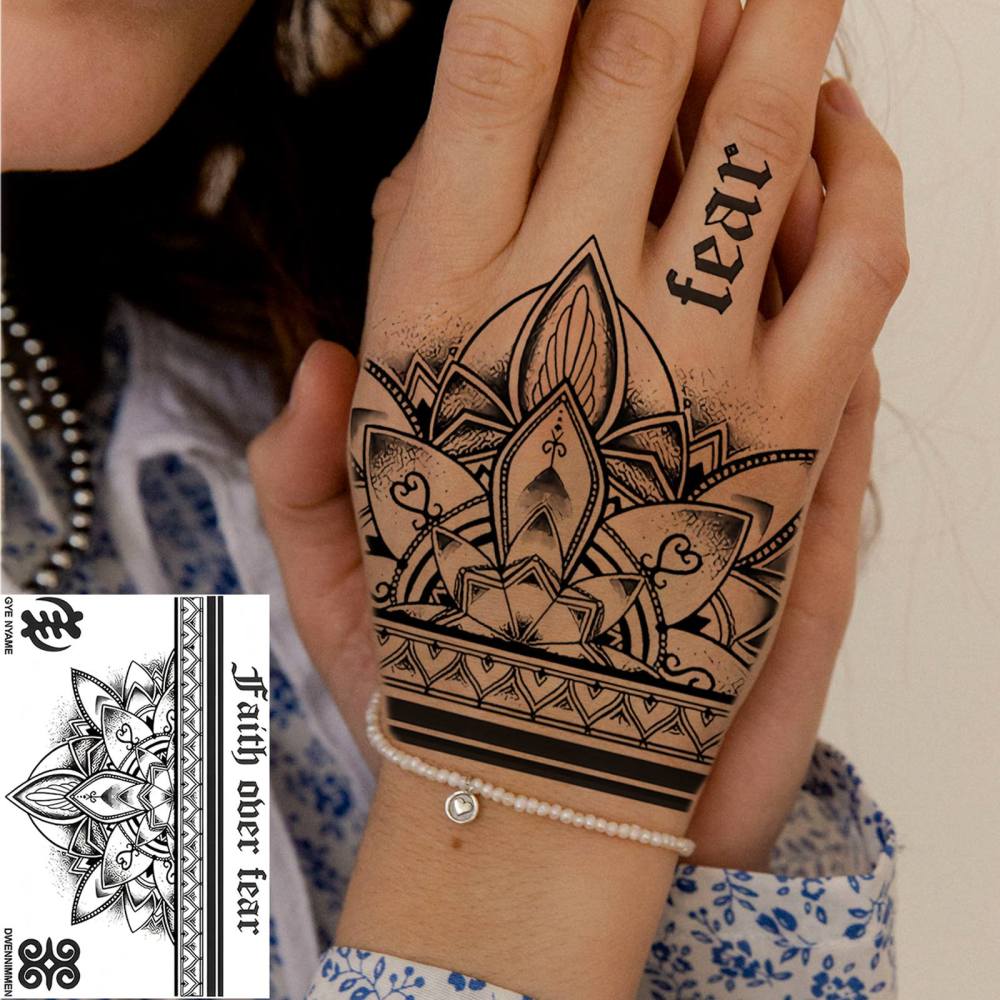 1 Sheet Henna Mandala Temporary Tattoos For Women Men Adults Hands Finger Foot Neck Clavicle Legs Thigh Forearm Shank Arm Body Art Makeup, Semi Permanent Temp Fake Tattoo Stickers Waterproof Long Lasting Realistic Tatoos For Festival Party Accessory