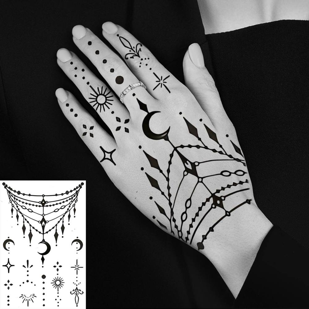 1 Sheet Moon Henna Temporary Tattoos For Women Men Adults Hands Finger Foot Neck Clavicle Legs Thigh Forearm Shank Arm Body Art Makeup, Semi Permanent Temp Fake Tattoo Stickers Waterproof Long Lasting Realistic Tatoos For Festival Party Accessory