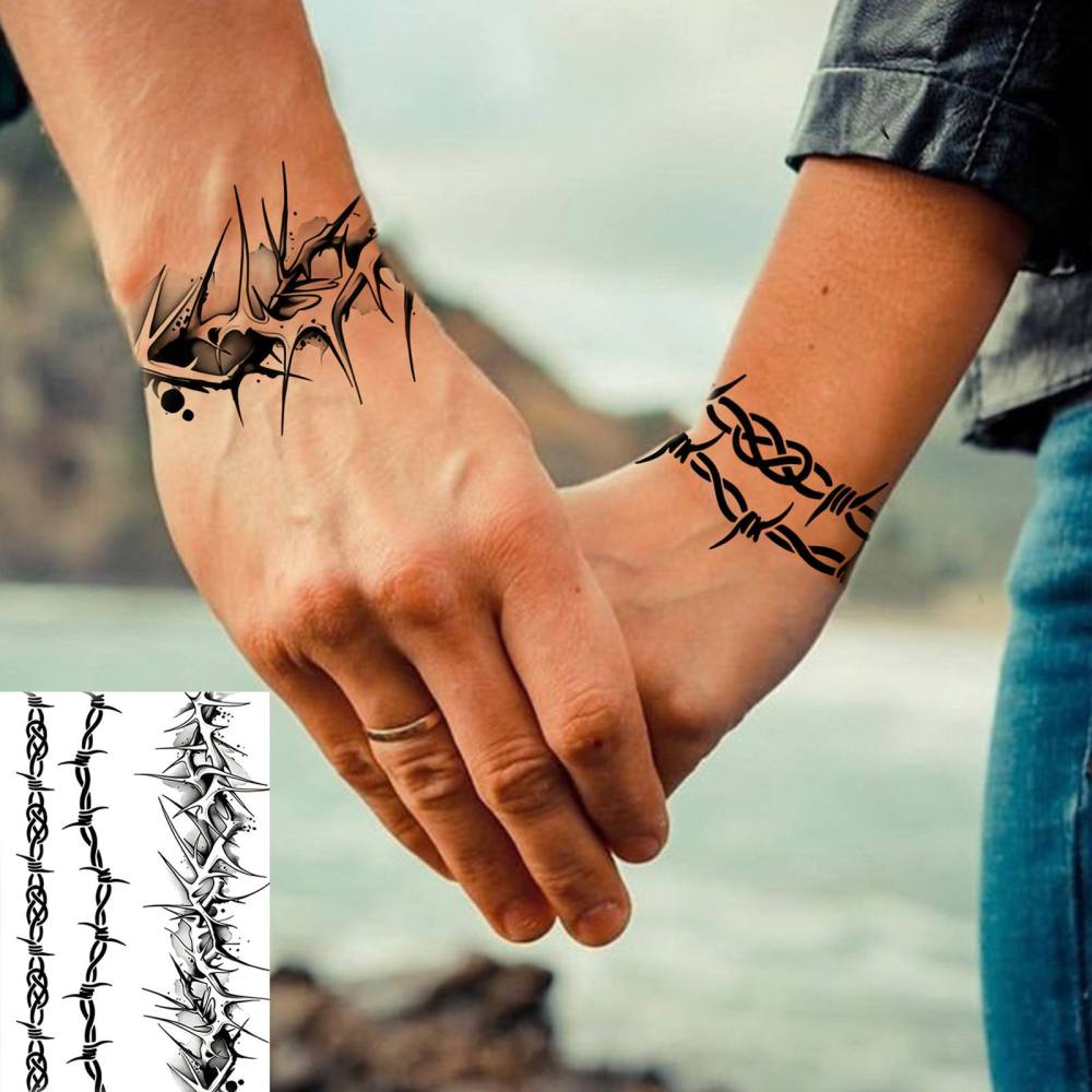1 Sheet barbed wire Temporary Tattoos For Women Men Adults Hands Finger Foot Neck Clavicle Legs Thigh Forearm Shank Arm Body Art Makeup, Semi Permanent Temp Fake Tattoo Stickers Waterproof Long Lasting Realistic Tatoos For Festival Party Accessory