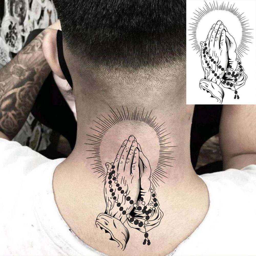 1 Sheet Pray Temporary Tattoos For Women Men Adults Hands Finger Foot Neck Clavicle Legs Thigh Forearm Shank Arm Body Art Makeup, Semi Permanent Temp Fake Tattoo Stickers Waterproof Long Lasting Realistic Tatoos For Festival Party Accessory