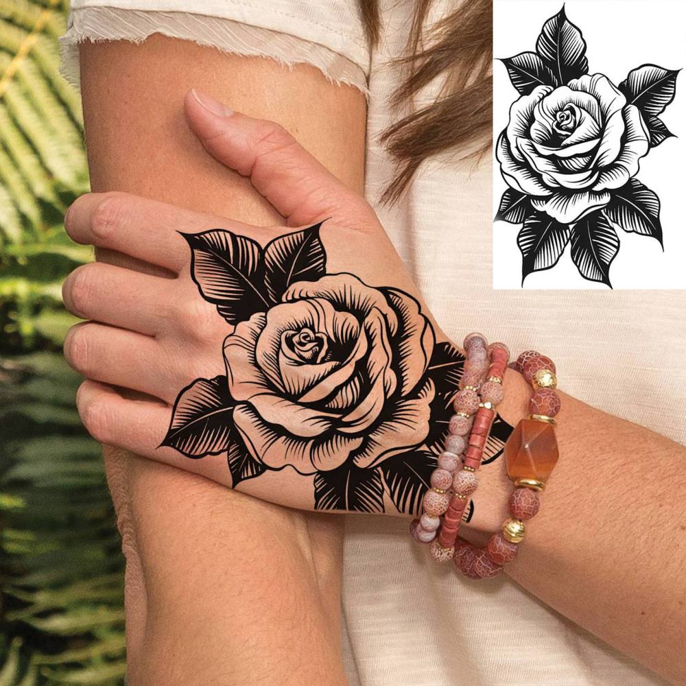 1 Sheet Rose Flower Temporary Tattoos For Women Men Adults Hands Finger Foot Neck Clavicle Legs Thigh Forearm Shank Arm Body Art Makeup, Semi Permanent Temp Fake Tattoo Stickers Waterproof Long Lasting Realistic Tatoos For Festival Party Accessory