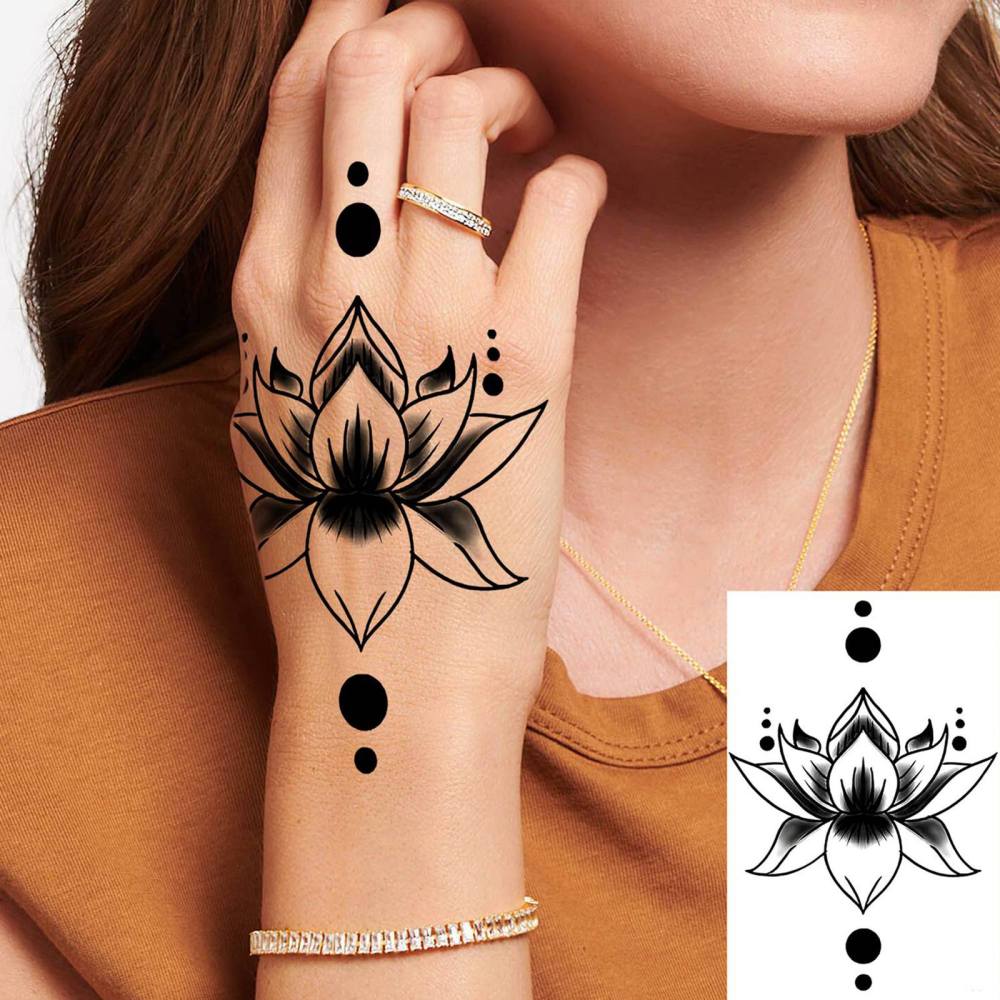 1 Sheet Lotus Temporary Tattoos For Women Men Adults Hands Finger Foot Neck Clavicle Legs Thigh Forearm Shank Arm Body Art Makeup, Semi Permanent Temp Fake Tattoo Stickers Waterproof Long Lasting Realistic Tatoos For Festival Party Accessory