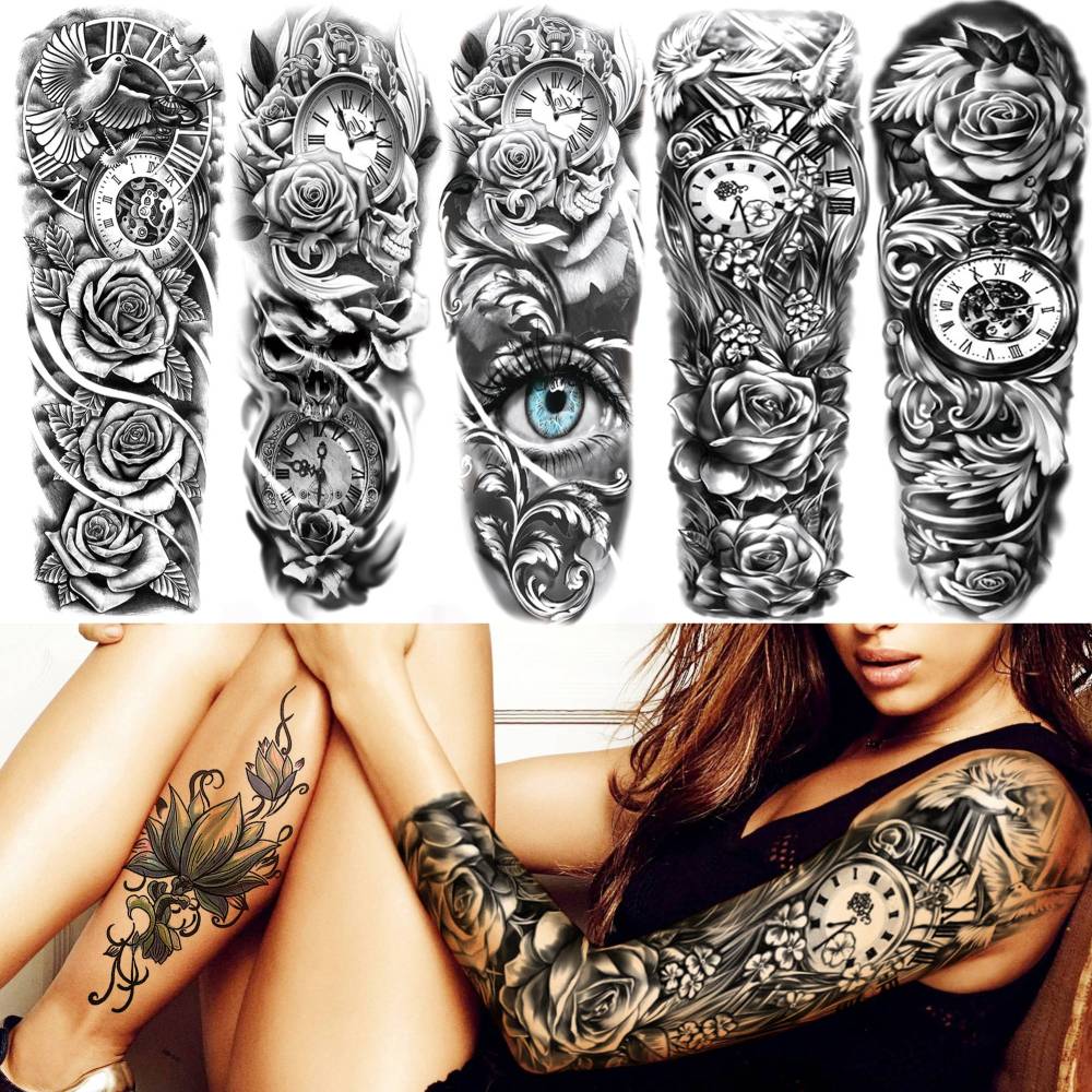 8 Sheets Full Arm Flower Rose Temporary Tattoos For Women Men Adults Hands Finger Foot Neck Clavicle Legs Thigh Arm Body Art Makeup, Semi Permanent Temp Fake Tattoo Stickers Waterproof Long Lasting Realistic Tatoos For Festival Party Accessory