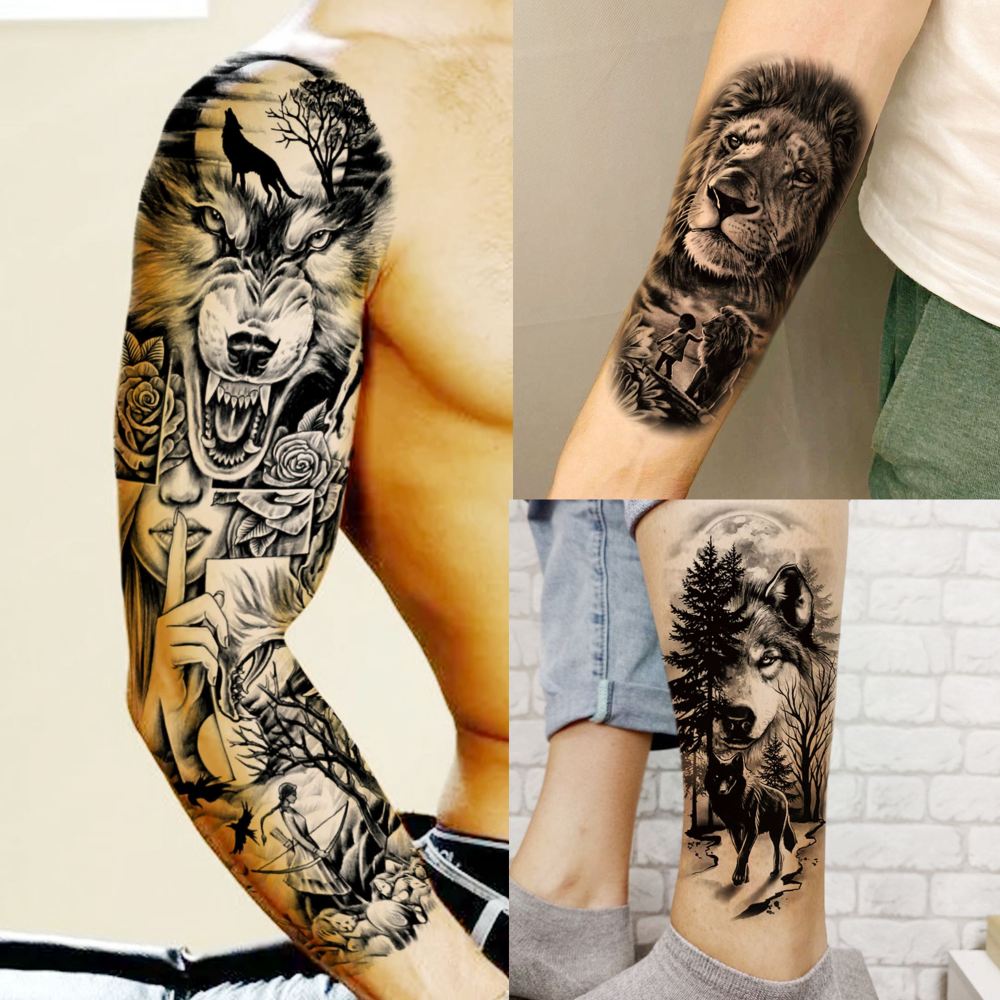 20 Sheets Full Arm Sleeve Wolf Temporary Tattoos For Women Men Adults Hands Finger Foot Neck Clavicle Legs Thigh Arm Body Art Makeup, Semi Permanent Temp Fake Tattoo Stickers Waterproof Long Lasting Realistic Tatoos For Festival Party Accessory