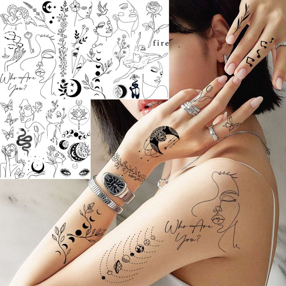 28 Sheets Y2k Abstract Minimalism Temporary Tattoos For Women Men Adults Hands Finger Foot Neck Clavicle Shank Arm Body Art Makeup, Semi Permanent Temp Fake Tattoo Stickers Waterproof Long Lasting Realistic Tatoos For Festival Party Accessory