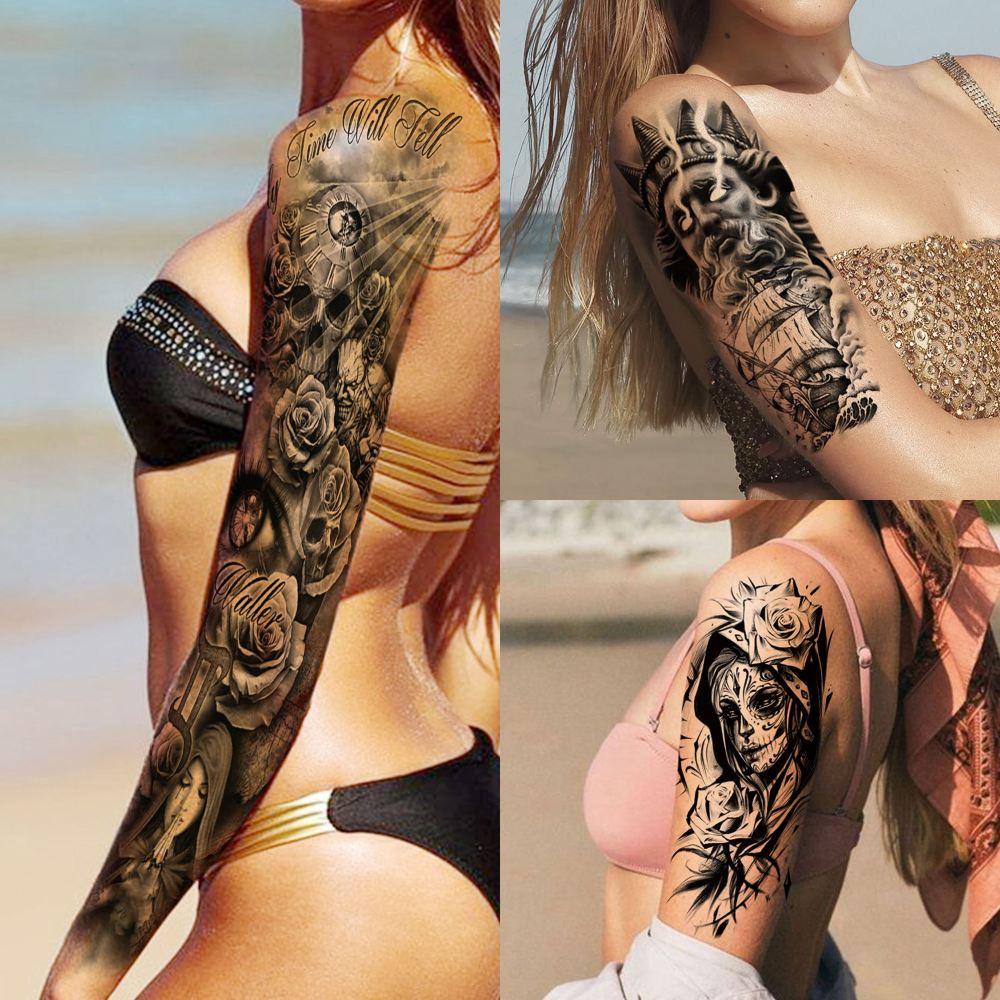 20 Sheets Full Arm Sleeve Nun Temporary Tattoos For Women Men Adults Hands Finger Foot Neck Clavicle Legs Thigh Arm Body Art Makeup, Semi Permanent Temp Fake Tattoo Stickers Waterproof Long Lasting Realistic Tatoos For Festival Party Accessory