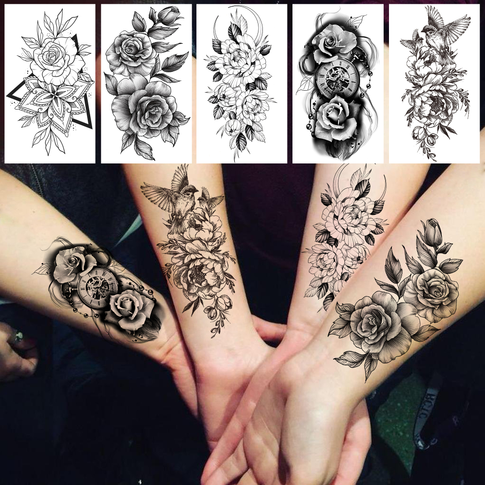 52 Sheets Y2k Rose Flower Temporary Tattoos For Women Men Adults Hands Finger Foot Neck Clavicle Legs Thigh Forearm Shank Arm Body Art Makeup, Semi Permanent Temp Fake Tattoo Stickers Waterproof Long Lasting Realistic Tatoos For Festival Party Accessory