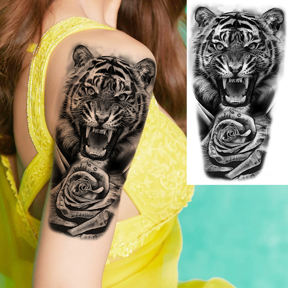 8 Sheets Wolf TIger Lion Temporary Tattoos For Women Men Adults Hands Finger Foot Neck Clavicle Shank Arm Body Art Makeup, Semi Permanent Temp Fake Tattoo Stickers Waterproof Long Lasting Realistic Tatoos For Festival Party Accessory