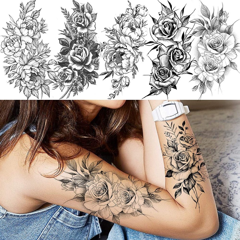 10 Sheets Rose Flower Temporary Tattoos For Women Men Adults Hands Finger Foot Neck Clavicle Shank Arm Body Art Makeup, Semi Permanent Temp Fake Tattoo Stickers Waterproof Long Lasting Realistic Tatoos For Festival Party Accessory