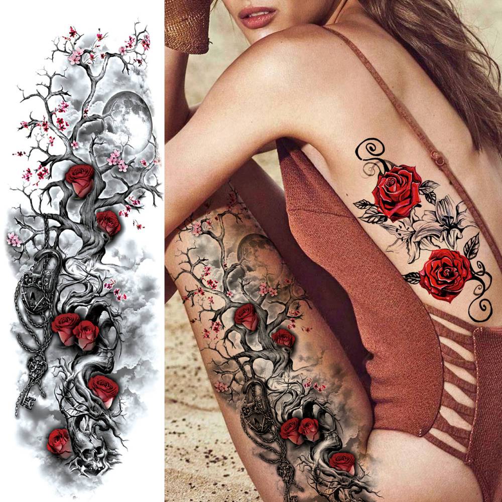 8 Sheets Full Arm Flower Rose Temporary Tattoos For Women Men Adults Hands Finger Foot Neck Clavicle Legs Thigh Arm Body Art Makeup, Semi Permanent Temp Fake Tattoo Stickers Waterproof Long Lasting Realistic Tatoos For Festival Party Accessory
