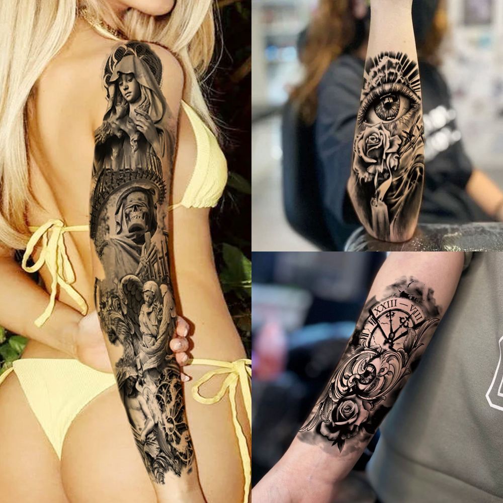 20 Sheets Full Arm Sleeve Nun Temporary Tattoos For Women Men Adults Hands Finger Foot Neck Clavicle Legs Thigh Arm Body Art Makeup, Semi Permanent Temp Fake Tattoo Stickers Waterproof Long Lasting Realistic Tatoos For Festival Party Accessory