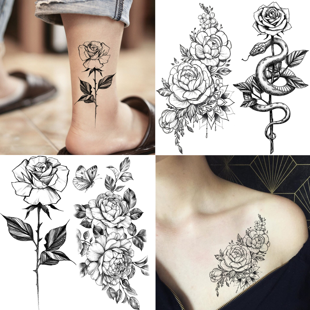 52 Sheets Y2k Rose Flower Temporary Tattoos For Women Men Adults Hands Finger Foot Neck Clavicle Legs Thigh Forearm Shank Arm Body Art Makeup, Semi Permanent Temp Fake Tattoo Stickers Waterproof Long Lasting Realistic Tatoos For Festival Party Accessory