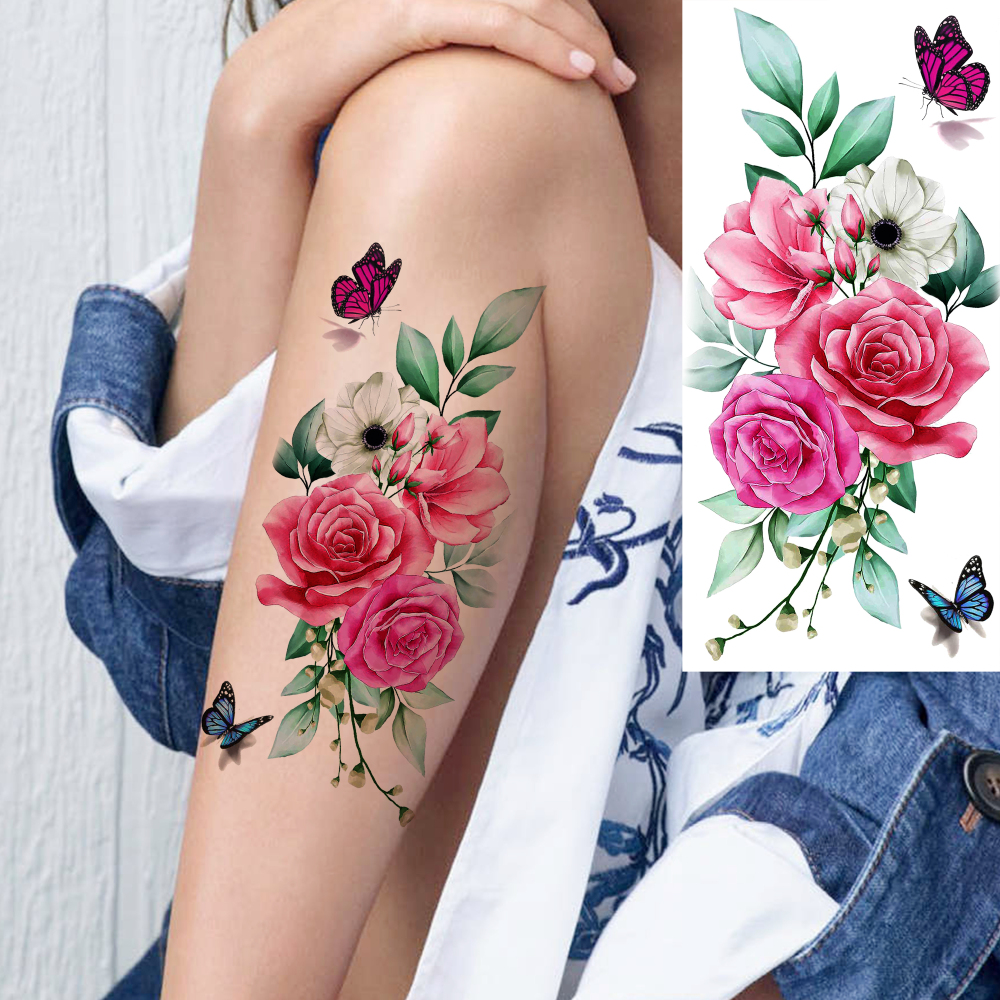 10 Sheets Rose Flower Temporary Tattoos For Women Men Adults Hands Finger Foot Neck Clavicle Shank Arm Body Art Makeup, Semi Permanent Temp Fake Tattoo Stickers Waterproof Long Lasting Realistic Tatoos For Festival Party Accessory