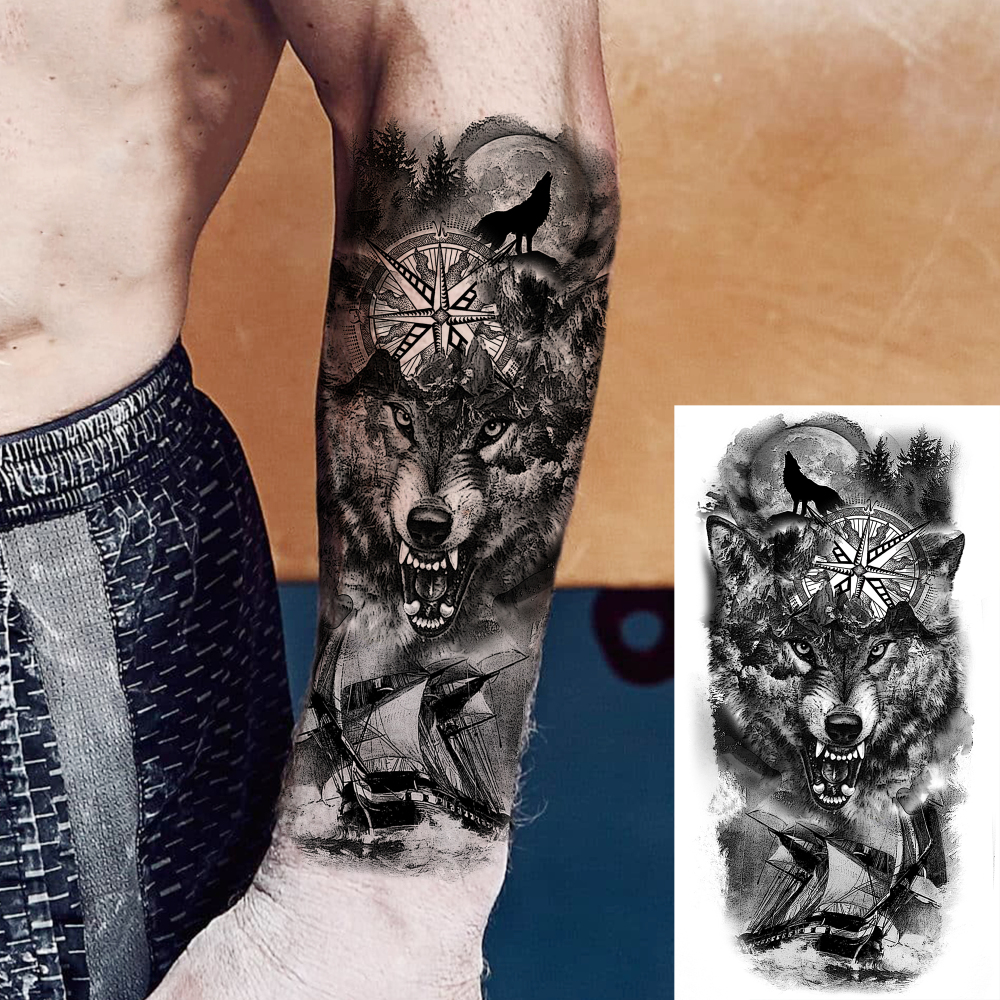 8 Sheets Wolf Temporary Tattoos For Women Men Adults Hands Finger Foot Neck Clavicle Shank Arm Body Art Makeup, Semi Permanent Temp Fake Tattoo Stickers Waterproof Long Lasting Realistic Tatoos For Festival Party Accessory