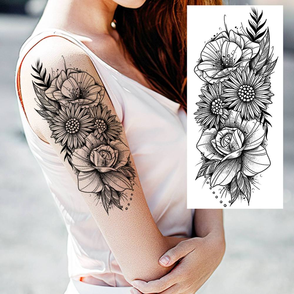 8 Sheets Rose Flowers Temporary Tattoos For Women Men Adults Hands Finger Foot Neck Clavicle Shank Arm Body Art Makeup, Semi Permanent Temp Fake Tattoo Stickers Waterproof Long Lasting Realistic Tatoos For Festival Party Accessory