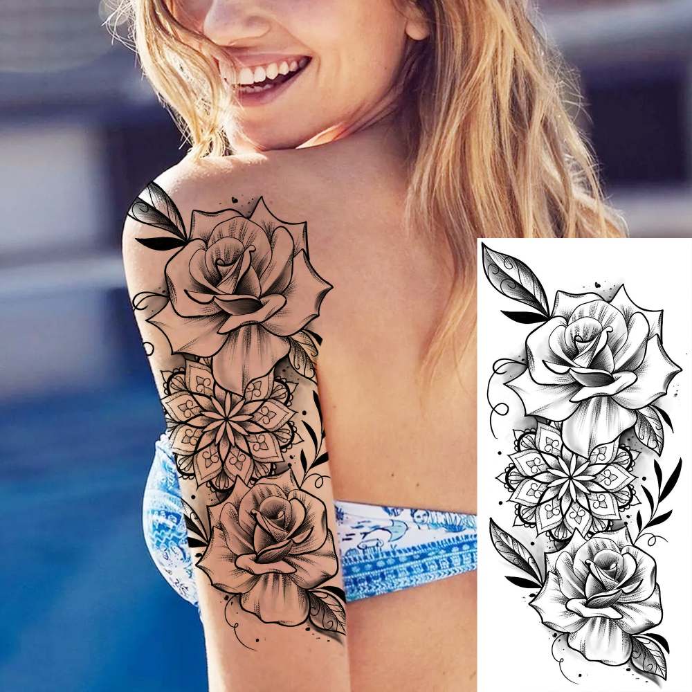 8 Sheets Snake Rose Flowers Temporary Tattoos For Women Men Adults Hands Finger Foot Neck Clavicle Shank Arm Body Art Makeup, Semi Permanent Temp Fake Tattoo Stickers Waterproof Long Lasting Realistic Tatoos For Festival Party Accessory