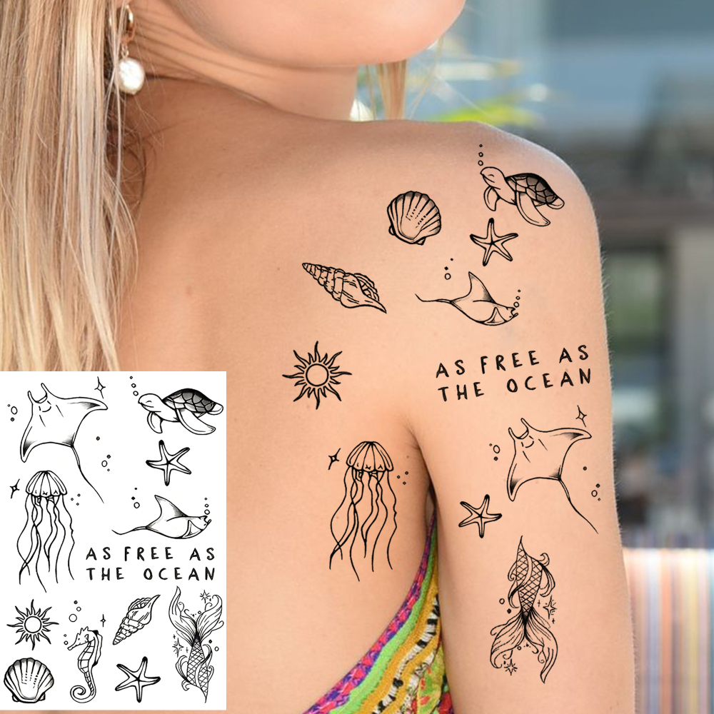 1 Sheet Sea Ocean Animals Temporary Tattoos For Women Men Adults Hands Finger Foot Neck Clavicle Waist Legs Thigh Ankles Forearm Shank Arm Body Art Makeup, Semi-Permanent Temp Fake Tattoo Stickers Waterproof Long Lasting Realistic Tatoos For Festival