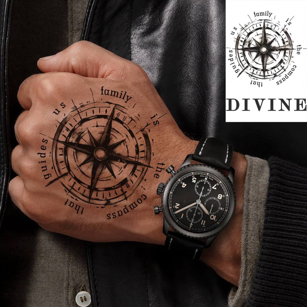 1 Sheet Compass Temporary Tattoos For Women Men Adults Hands Finger Foot Neck Clavicle Legs Thigh Forearm Shank Arm Body Art Makeup, Semi Permanent Temp Fake Tattoo Stickers Waterproof Long Lasting Realistic Tatoos For Festival Party Accessory