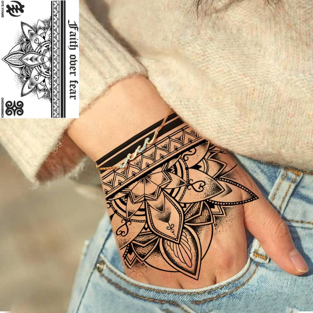 1 Sheet Henna Mandala Temporary Tattoos For Women Men Adults Hands Finger Foot Neck Clavicle Legs Thigh Forearm Shank Arm Body Art Makeup, Semi Permanent Temp Fake Tattoo Stickers Waterproof Long Lasting Realistic Tatoos For Festival Party Accessory