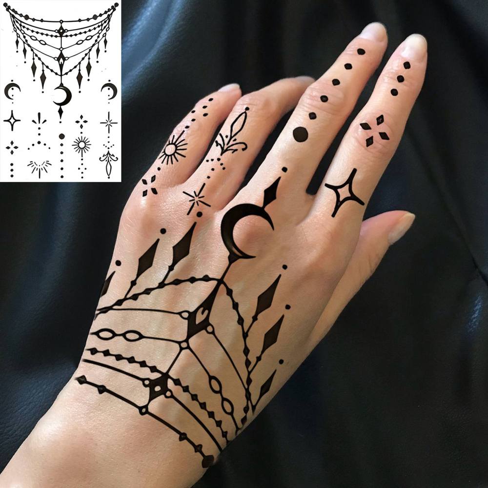 1 Sheet Moon Henna Temporary Tattoos For Women Men Adults Hands Finger Foot Neck Clavicle Legs Thigh Forearm Shank Arm Body Art Makeup, Semi Permanent Temp Fake Tattoo Stickers Waterproof Long Lasting Realistic Tatoos For Festival Party Accessory