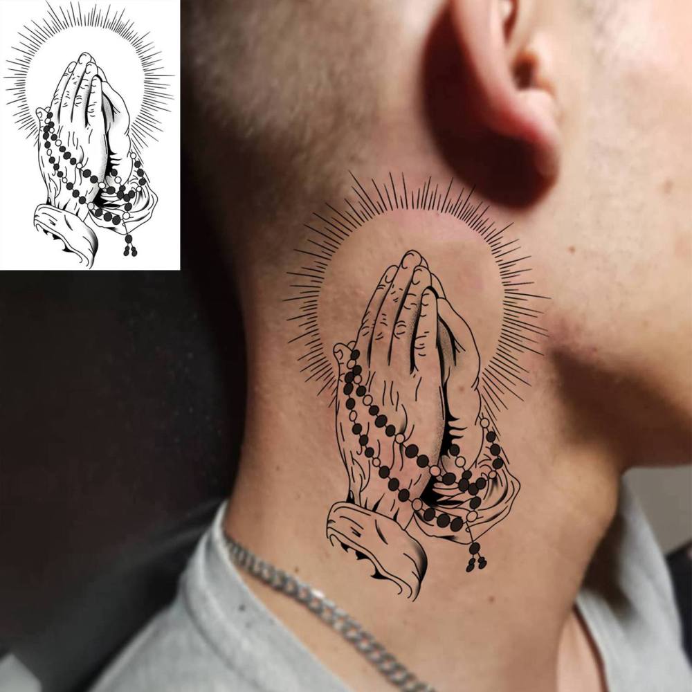 1 Sheet Pray Temporary Tattoos For Women Men Adults Hands Finger Foot Neck Clavicle Legs Thigh Forearm Shank Arm Body Art Makeup, Semi Permanent Temp Fake Tattoo Stickers Waterproof Long Lasting Realistic Tatoos For Festival Party Accessory