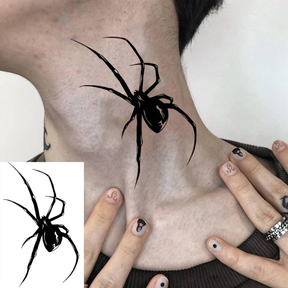 1 Sheet Halloween Spider Temporary Tattoos For Women Men Adults Hands Finger Foot Neck Clavicle Legs Thigh Forearm Shank Arm Body Art Makeup, Semi Permanent Temp Fake Tattoo Stickers Waterproof Long Lasting Realistic Tatoos For Festival Party Accessory