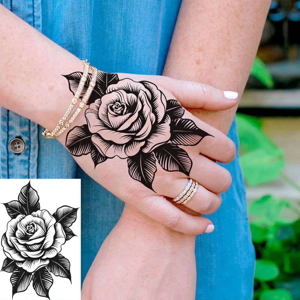 1 Sheet Rose Flower Temporary Tattoos For Women Men Adults Hands Finger Foot Neck Clavicle Legs Thigh Forearm Shank Arm Body Art Makeup, Semi Permanent Temp Fake Tattoo Stickers Waterproof Long Lasting Realistic Tatoos For Festival Party Accessory