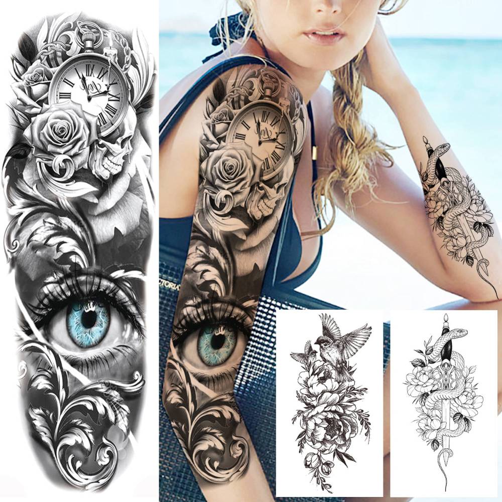 8 Sheets Full Arm Flower Rose Temporary Tattoos For Women Men Adults Hands Finger Foot Neck Clavicle Legs Thigh Arm Body Art Makeup, Semi Permanent Temp Fake Tattoo Stickers Waterproof Long Lasting Realistic Tatoos For Festival Party Accessory