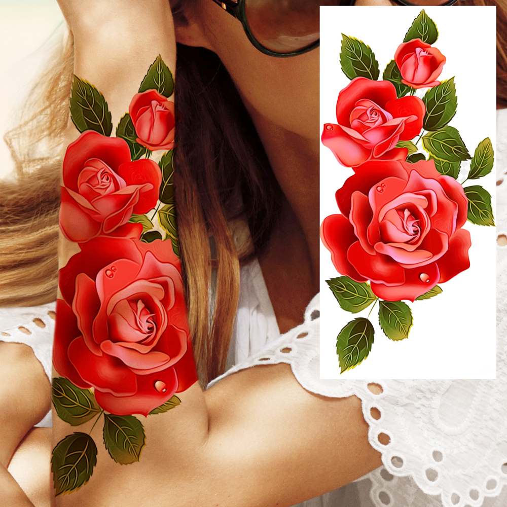 10 Sheets Rose Flower Temporary Tattoos For Women Men Adults Hands Finger Foot Neck Clavicle Shank Arm Body Art Makeup, Semi Permanent Temp Fake Tattoo Stickers Waterproof Long Lasting Realistic Tatoos For Festival Party Accessory