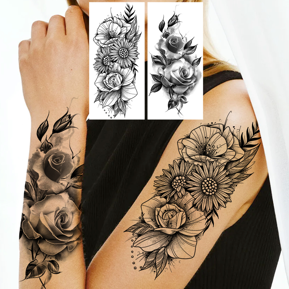 8 Sheets Rose Flowers Temporary Tattoos For Women Men Adults Hands Finger Foot Neck Clavicle Shank Arm Body Art Makeup, Semi Permanent Temp Fake Tattoo Stickers Waterproof Long Lasting Realistic Tatoos For Festival Party Accessory