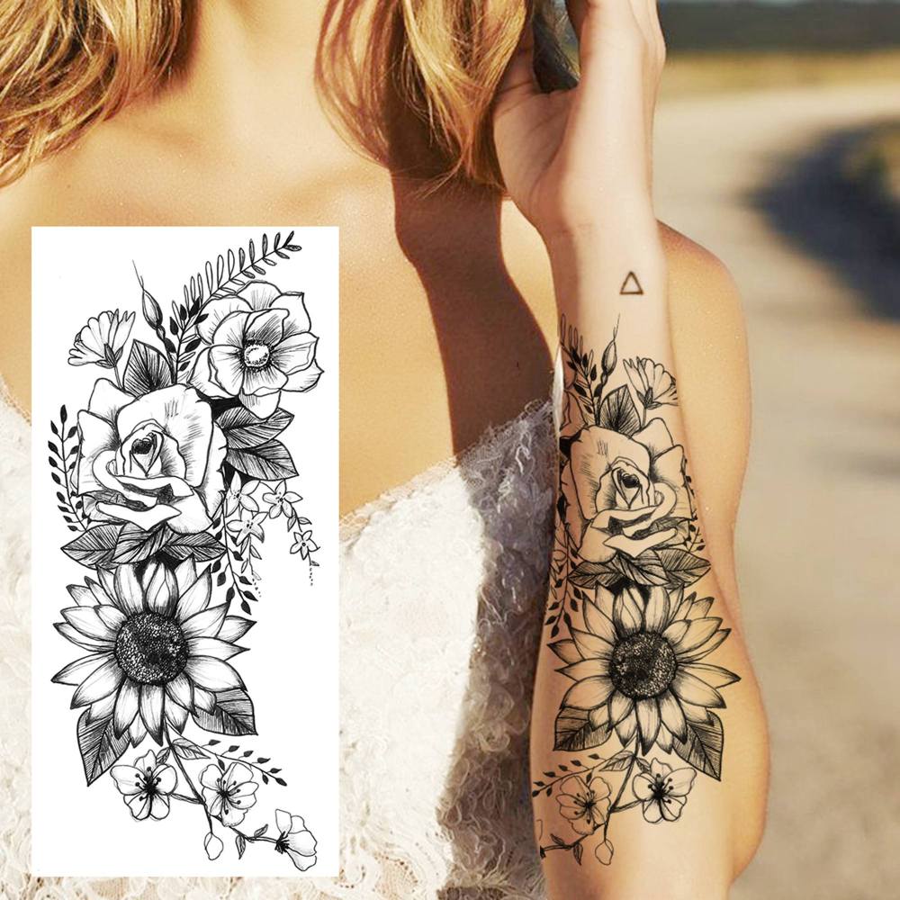 8 Sheets Snake Rose Flowers Temporary Tattoos For Women Men Adults Hands Finger Foot Neck Clavicle Shank Arm Body Art Makeup, Semi Permanent Temp Fake Tattoo Stickers Waterproof Long Lasting Realistic Tatoos For Festival Party Accessory