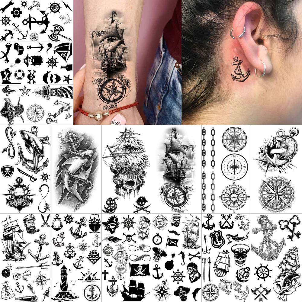 15 Sheets Y2k Ship Temporary Tattoos For Women Men Adults Hands Finger Foot Neck Clavicle Legs Thigh Forearm Shank Arm Body Art Makeup, Semi Permanent Temp Fake Tattoo Stickers Waterproof Long Lasting Realistic Tatoos For Festival Party Accessory