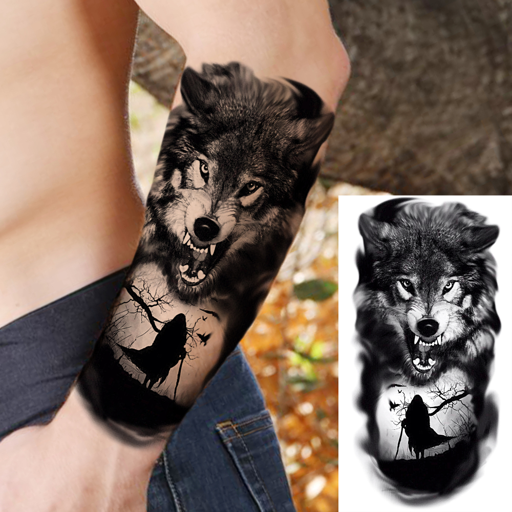 8 Sheets Wolf Temporary Tattoos For Women Men Adults Hands Finger Foot Neck Clavicle Shank Arm Body Art Makeup, Semi Permanent Temp Fake Tattoo Stickers Waterproof Long Lasting Realistic Tatoos For Festival Party Accessory