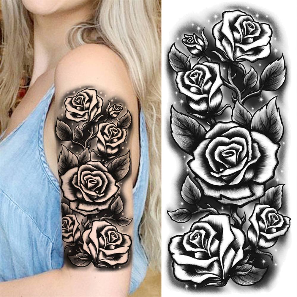 8 Sheets Snake Rose Flowers Temporary Tattoos For Women Men Adults Hands Finger Foot Neck Clavicle Shank Arm Body Art Makeup, Semi Permanent Temp Fake Tattoo Stickers Waterproof Long Lasting Realistic Tatoos For Festival Party Accessory