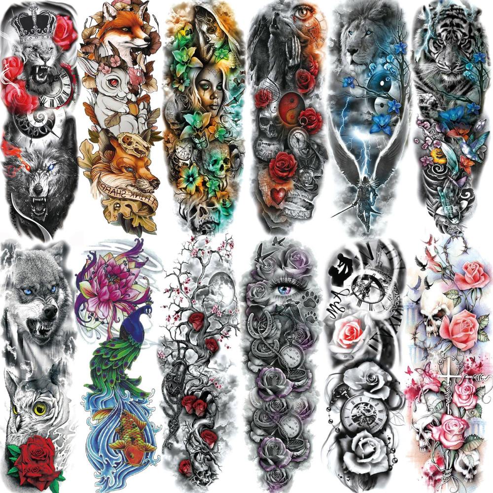 12 Sheets Full Arm Sleeve Animals  Flower Temporary Tattoos For Women Men Adults Hands Finger Foot Neck Clavicle Legs Thigh Arm Body Art Makeup, Semi Permanent Temp Fake Tattoo Stickers Waterproof Long Lasting Realistic Tatoos For Festival Party Accessory