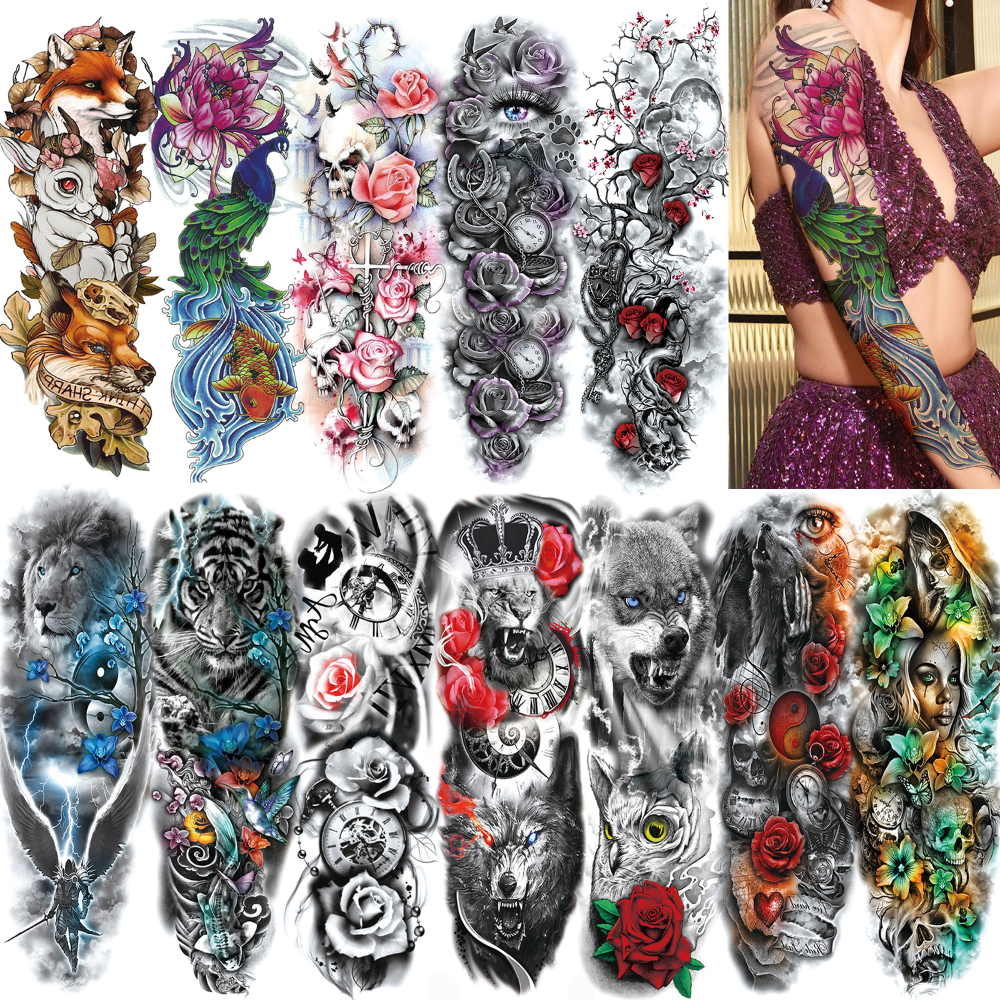 12 Sheets Full Arm Sleeve Animals  Flower Temporary Tattoos For Women Men Adults Hands Finger Foot Neck Clavicle Legs Thigh Arm Body Art Makeup, Semi Permanent Temp Fake Tattoo Stickers Waterproof Long Lasting Realistic Tatoos For Festival Party Accessory
