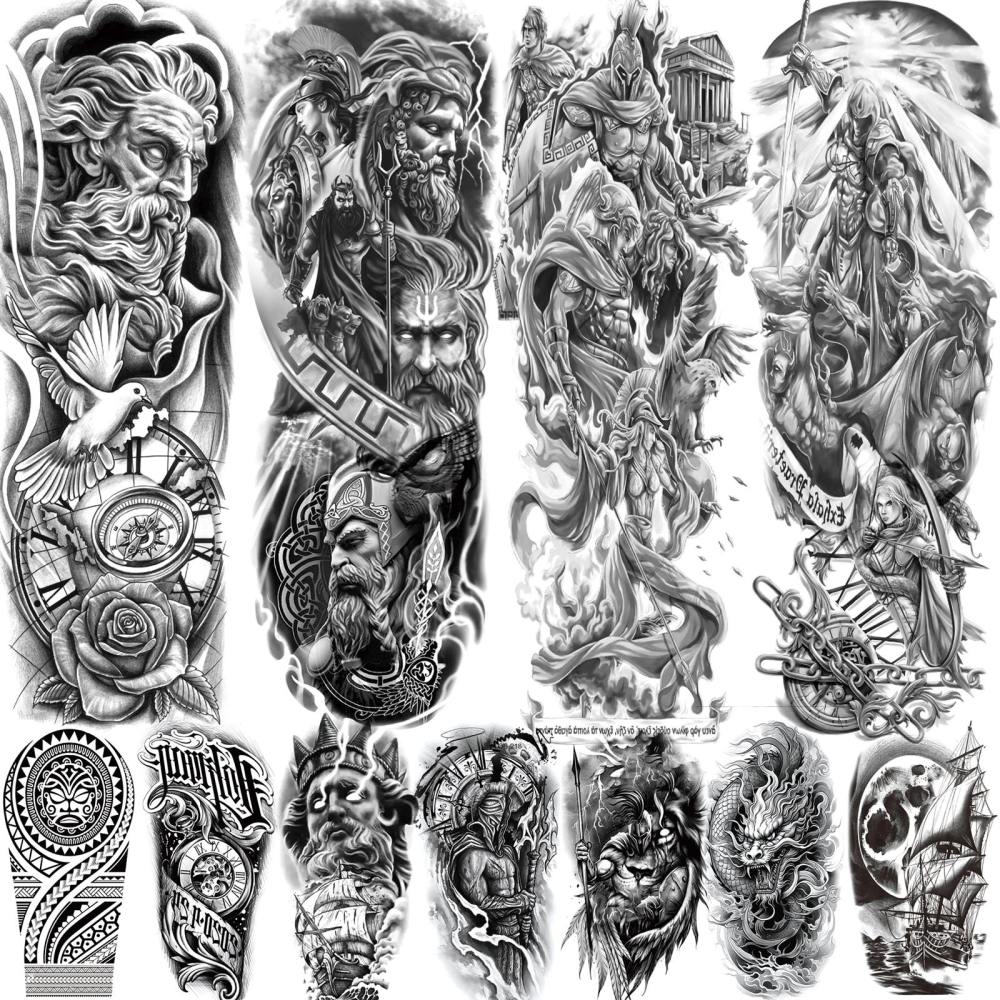 11 Sheets Full Arm Sleeve Zeus Warrior Temporary Tattoos For Women Men Adults Hands Finger Foot Legs Thigh Arm Body Art Makeup, Semi Permanent Temp Fake Tattoo Stickers Waterproof Long Lasting Realistic Tatoos For Festival Party Accessory