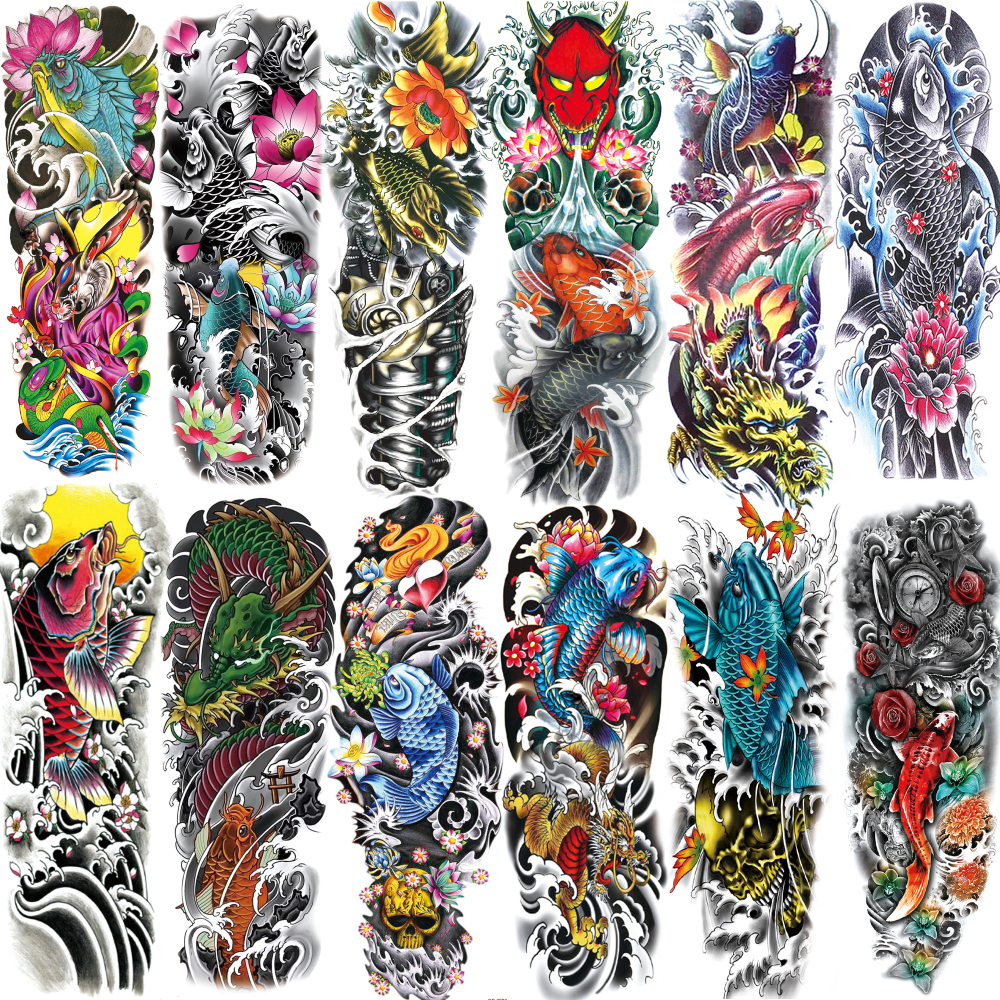 12 Sheets Old School Carp Temporary Tattoos For Women Men Adults Hands Finger Foot Neck Clavicle Legs Thigh Arm Body Art, Semi Permanent Temp Fake Tattoo Stickers Waterproof Long Lasting Realistic Tatoos For Festival Party