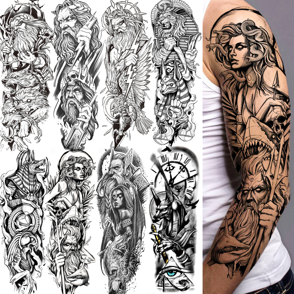 8 Sheets Zeus Temporary Tattoos For Women Men Adults Hands Finger Foot Neck Clavicle Legs Thigh Arm Body Art, Semi Permanent Temp Fake Tattoo Stickers Waterproof Long Lasting Realistic Tatoos For Festival Party